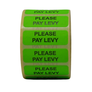 LABEL -PLEASE PAY LEVY- DAYGLO 1000s